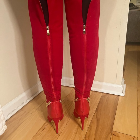 2 Chains Mixed Media Boots RED boots, over-the-knee boots,  stiletto boots - Picture 4 of 11
